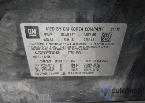 2019 Chevrolet Trax Lt from USA, damaged, VIN KL7CJPSB4KB835959